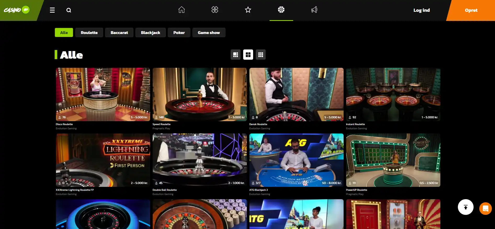 CasinoGo live-casino lobby med aktuelle live-borde