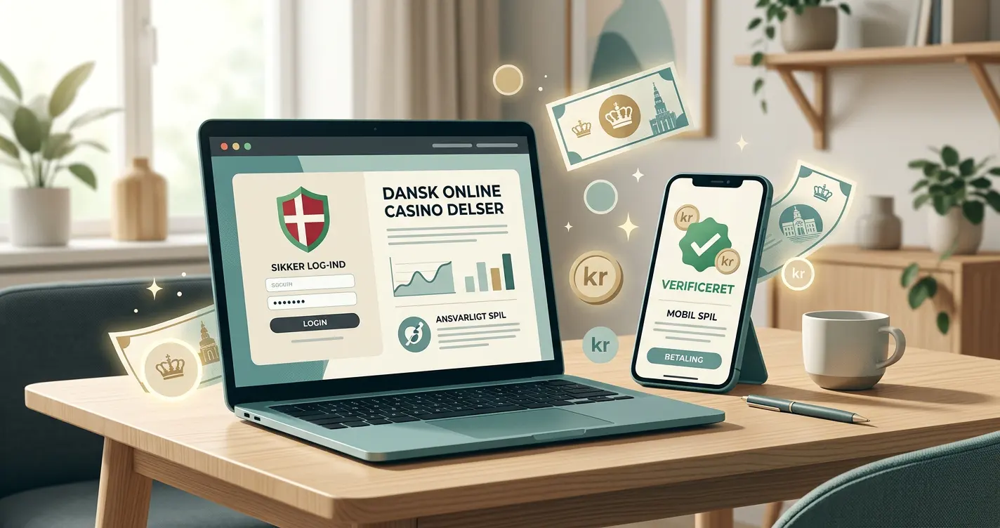 Illustration af dansk online casino med mobil, DKK og MitID-symbolik
